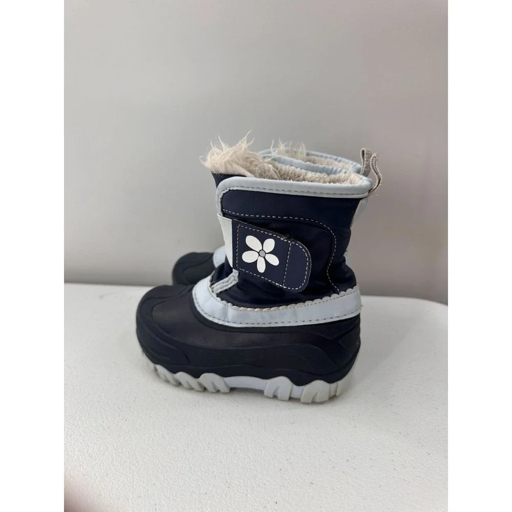 Toddler Navy Blue Winter Snow Boots Faux Fur Lined Size 9/10 Durable Sole Flower